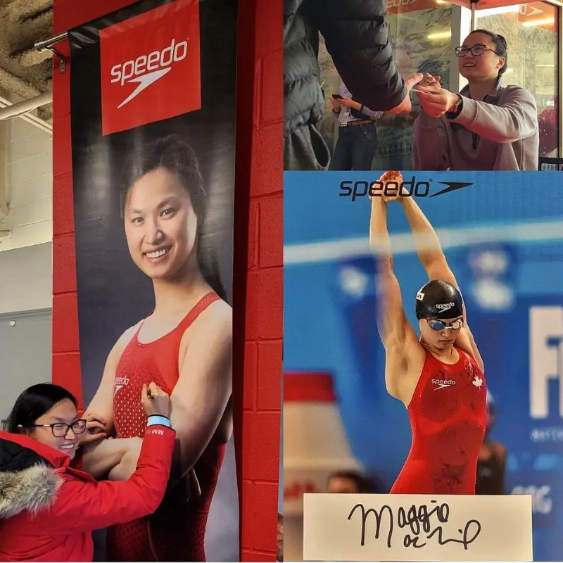 Maggie MacNeil signing her Speedo poster inside Team Aquatic Supplies TPASC 