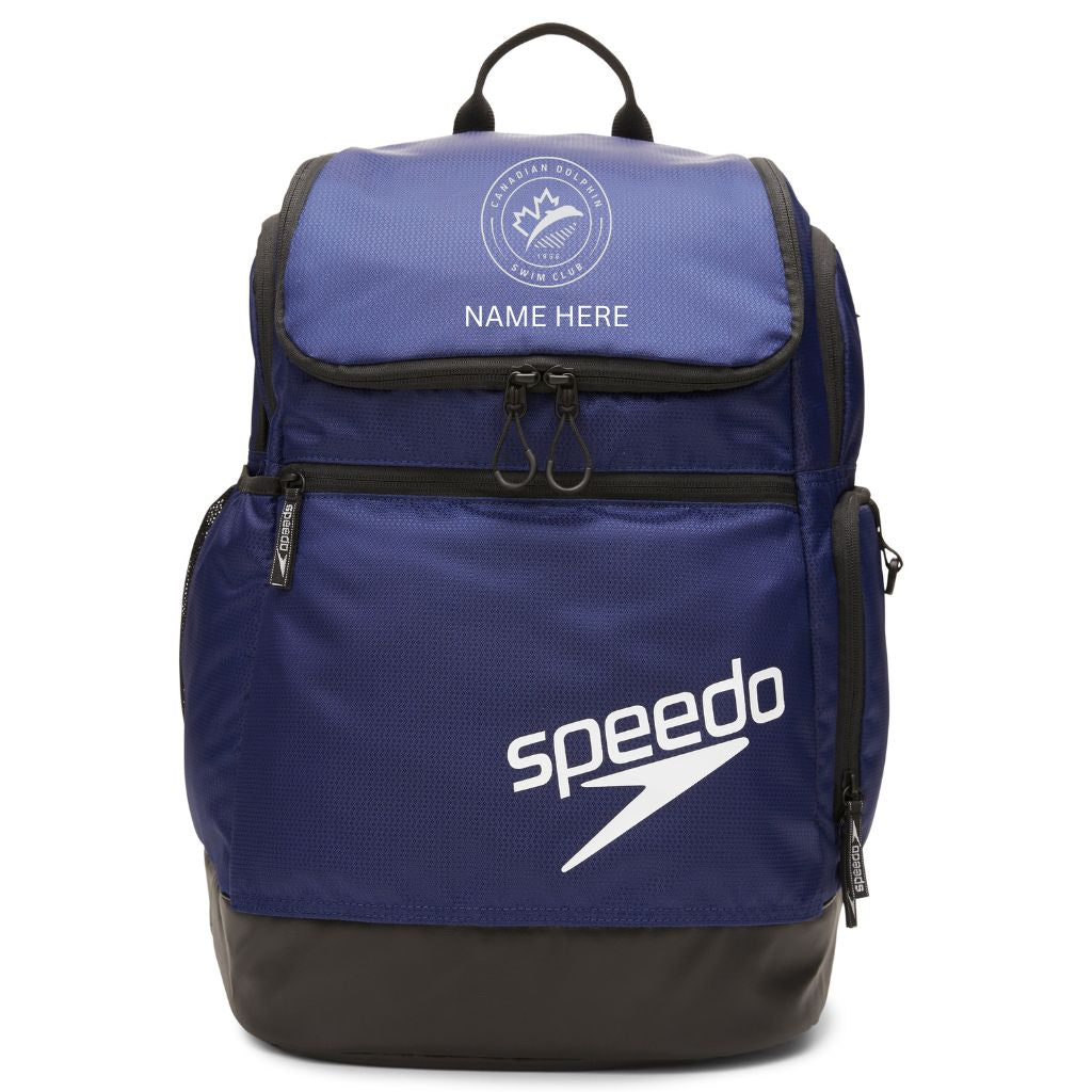 embroidered team mini speedo backpack 35L resistant kit bag keeps wet and dry items separate Nanaimo Riptides Swim Team |