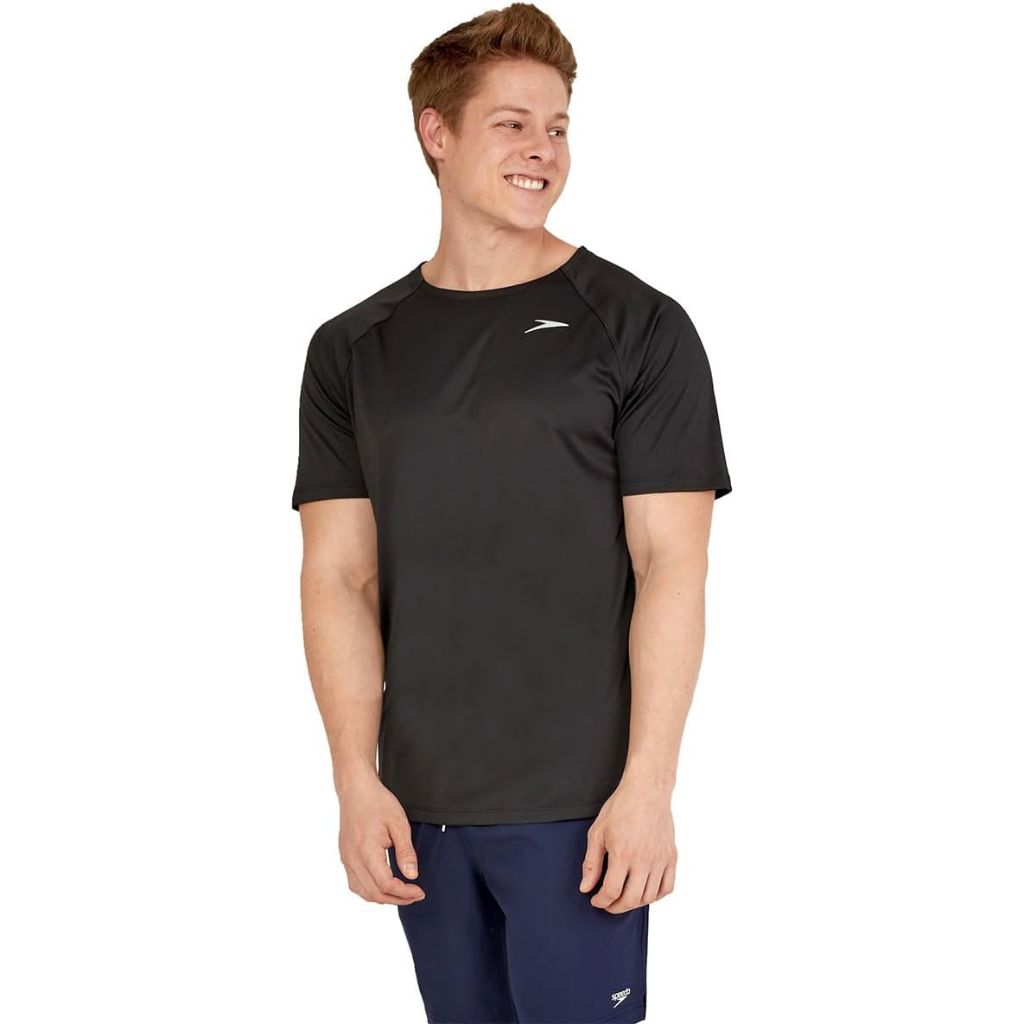 Speedo Men&#39;s Standard UV Swim Shirt Short Sleeve Fitness Rashguard Black