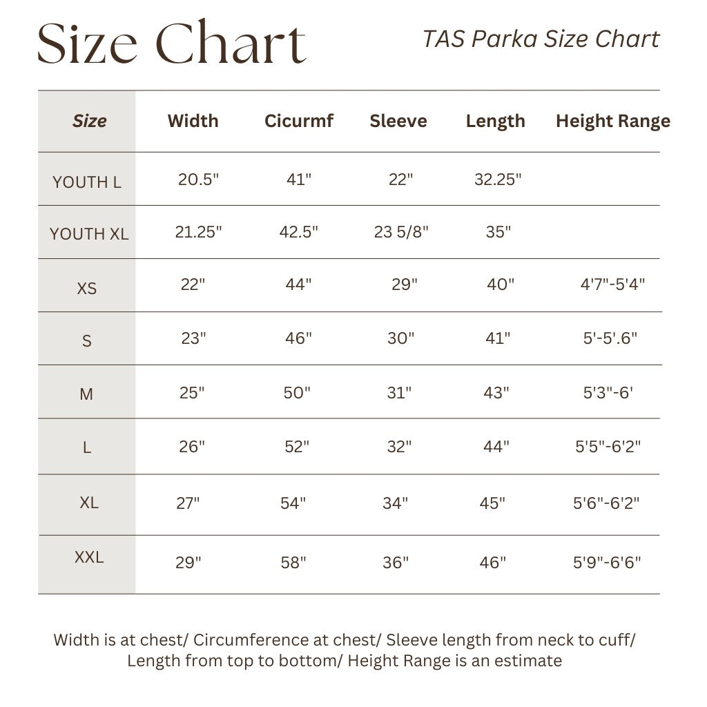 Tas Parka Sizing Chart